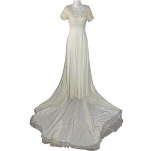 Demetrios Ivory Wedding Dress Sz 4 Floral Bodice Chiffon Skirt Short Sleeve